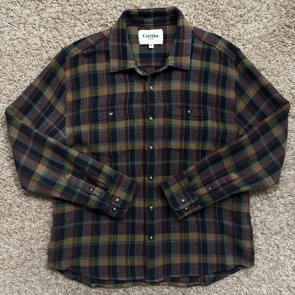 Corridor NYC North Star Plaid Waffle Button Up Shirt Green Thermal Men’s Size M